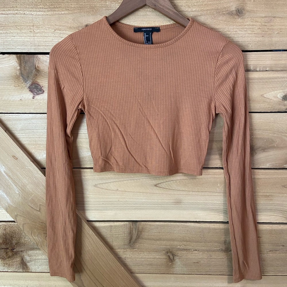 Forever 21 Tan Ribbed Long Sleeve Crop Top